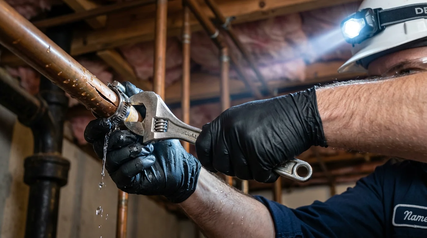 Emergency pipe clamp repair being performed by a Johns Plumbing LLC plumber in Oberlin